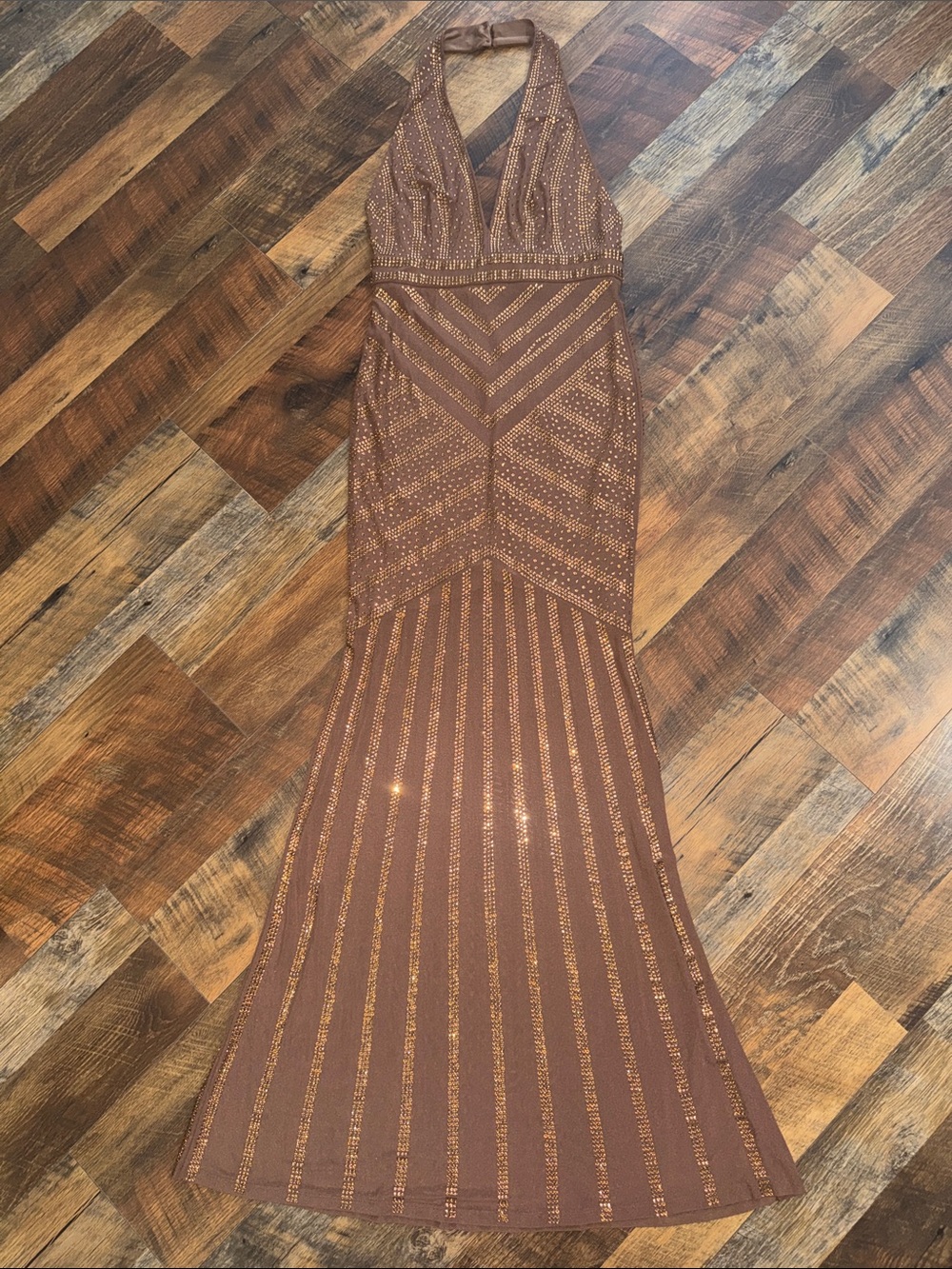 NWOT Windsor Rhinestone Halter Mermaid Formal Gown Bronze Brown Size Small